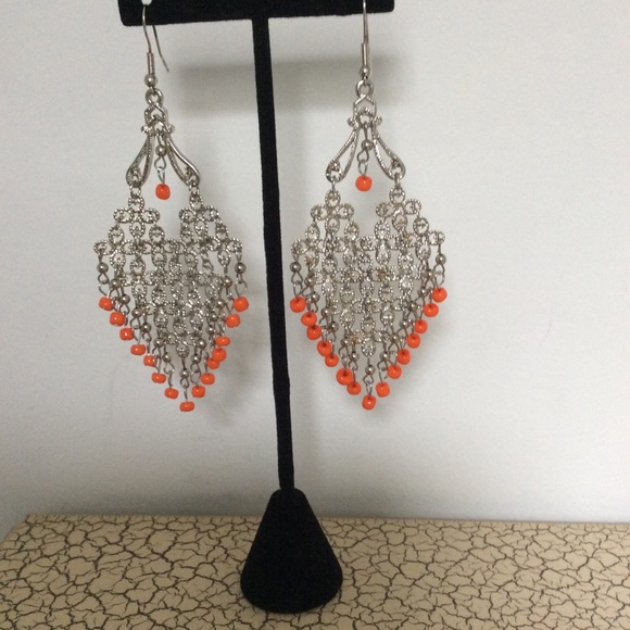 Chandelier Silver Tone Earrings w/Orange Beads. - Picture 3 of 3